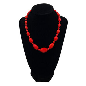 Vintage Red Plastic Bead Necklace Fashion Jewelry Estate 17" Round Geometric